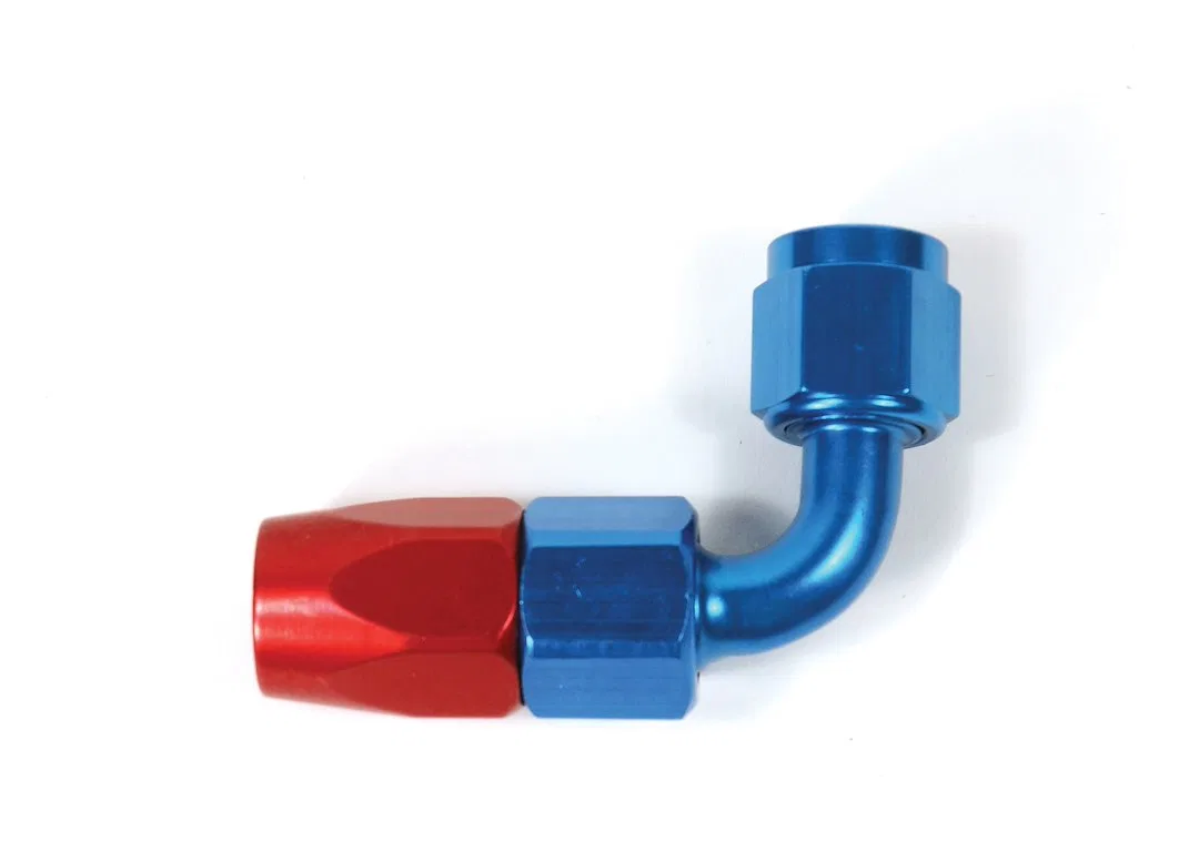 511090 – SPEEDFX Hose End Fitting, Full Swivel -10AN 90 Degree Anodized Red/Blue Aluminum Single